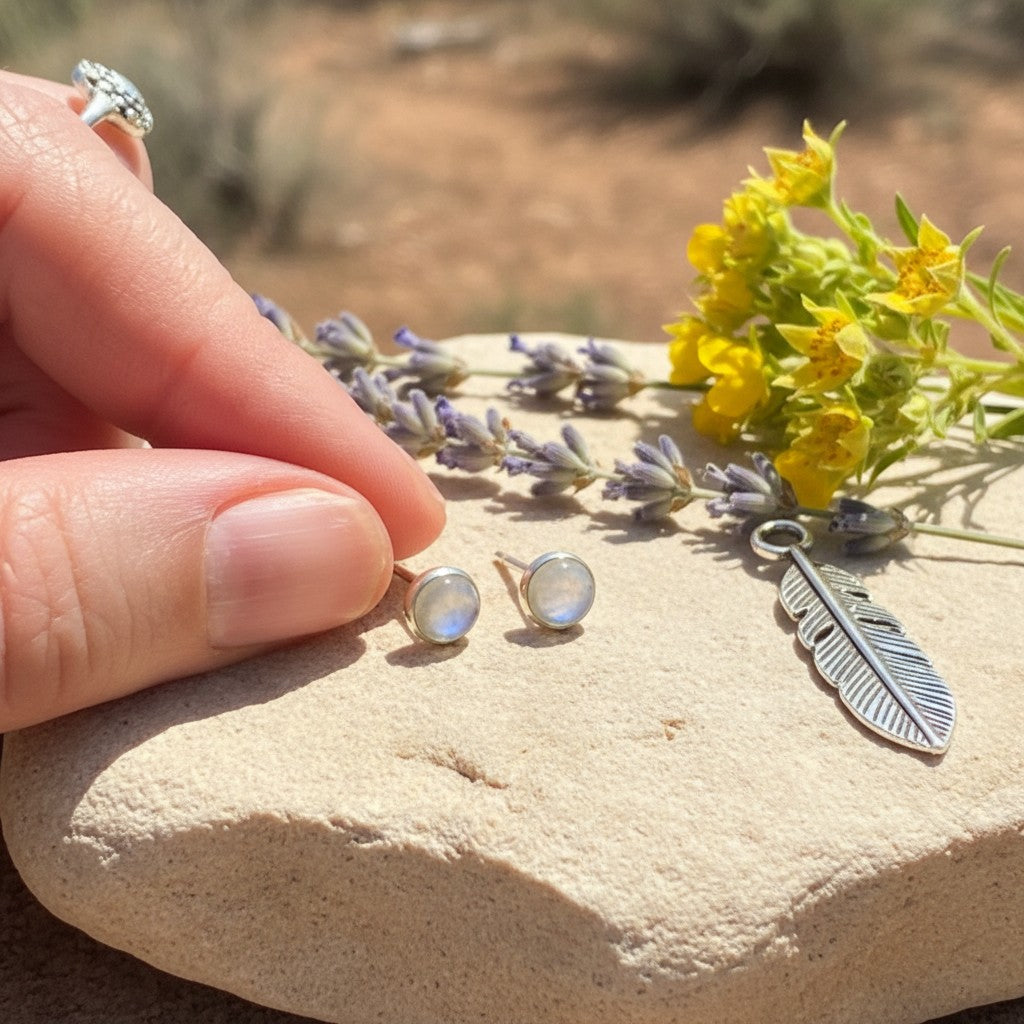 Wildflower Artisans round opal stud earrings in sterling silver bezels held by hand on a stone with wildflowers.