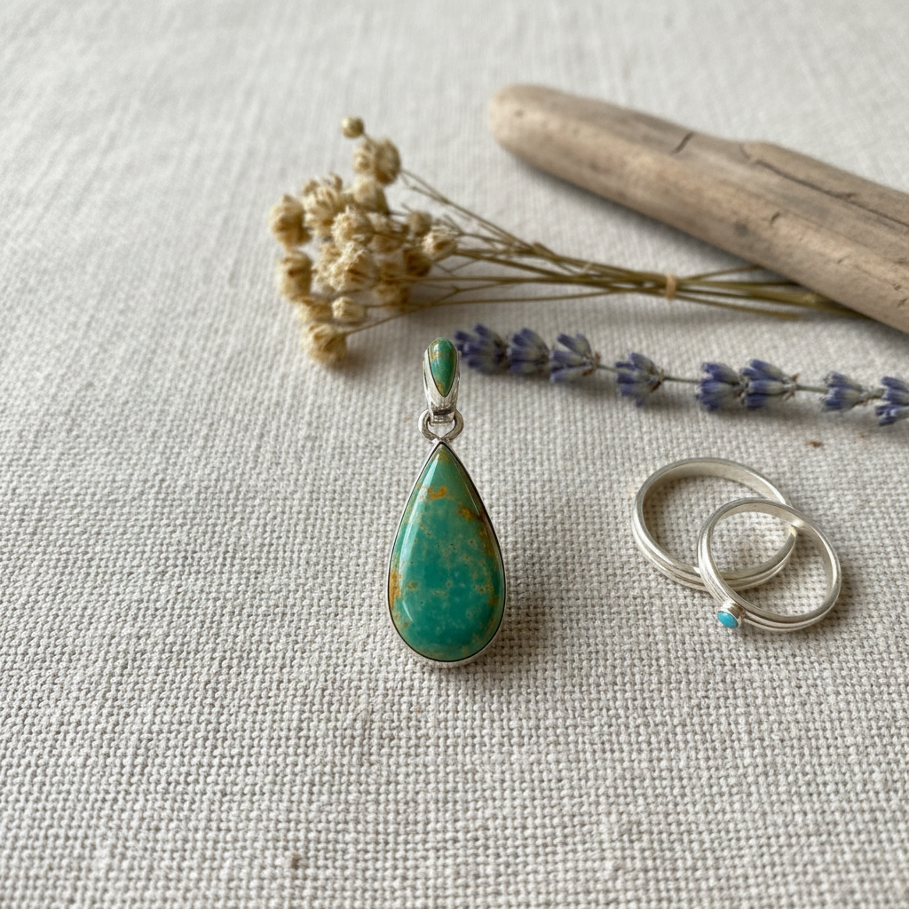 Wildflower Artisans Martinez Royston turquoise teardrop pendant in sterling silver with golden matrix on linen