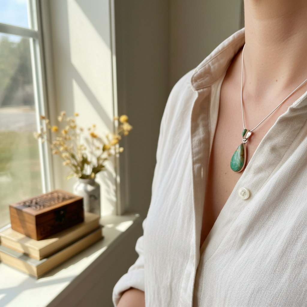 Wildflower Artisans Martinez Royston turquoise teardrop pendant in sterling silver worn on a silver chain