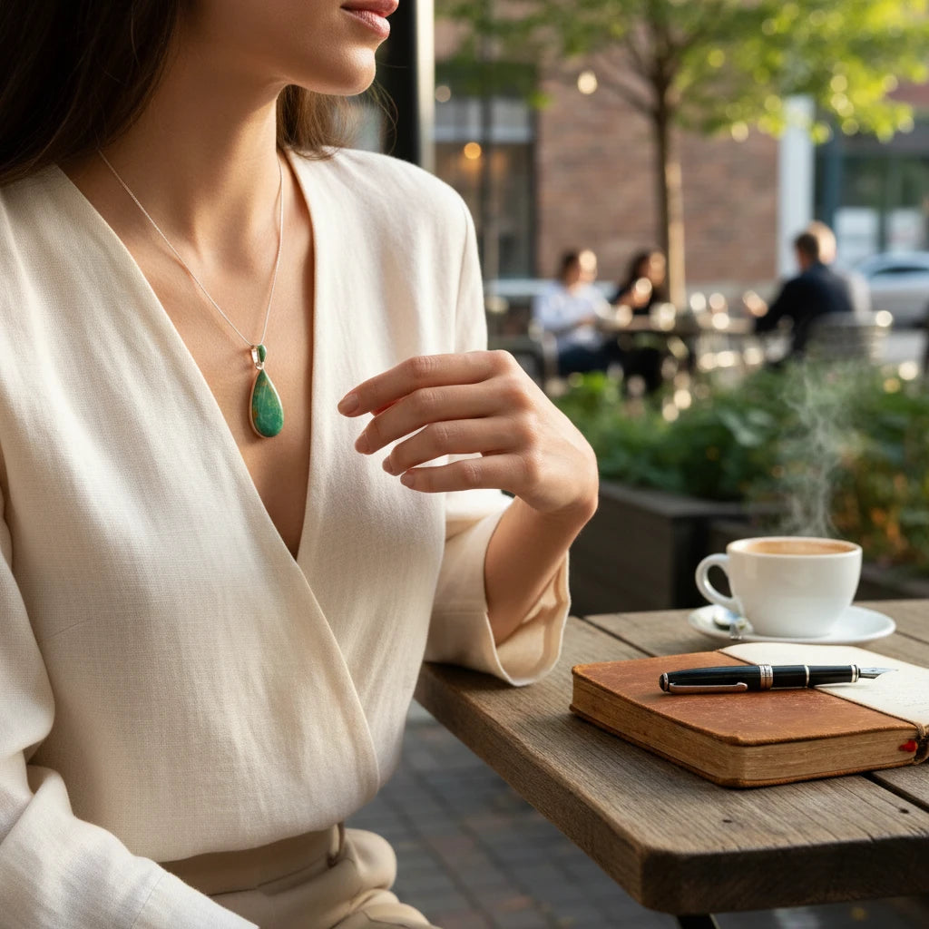 Wildflower Artisans Martinez Royston turquoise teardrop pendant in sterling silver worn by a woman at a cafe table.