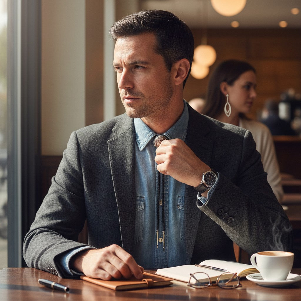 Man wearing a Wildflower Artisans Wild Horse bolo tie with a blazer, sitting at a cafe table with a notebook.
