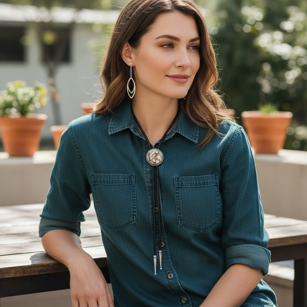 Wildflower Artisans Santa Fe jewelry set featuring a Wild Horse bolo tie and sterling silver leaf dangle earrings.