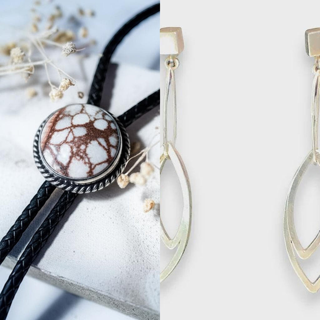 Wildflower Artisans Santa Fe jewelry set featuring a Wild Horse stone bolo tie and sterling silver leaf dangle earrings