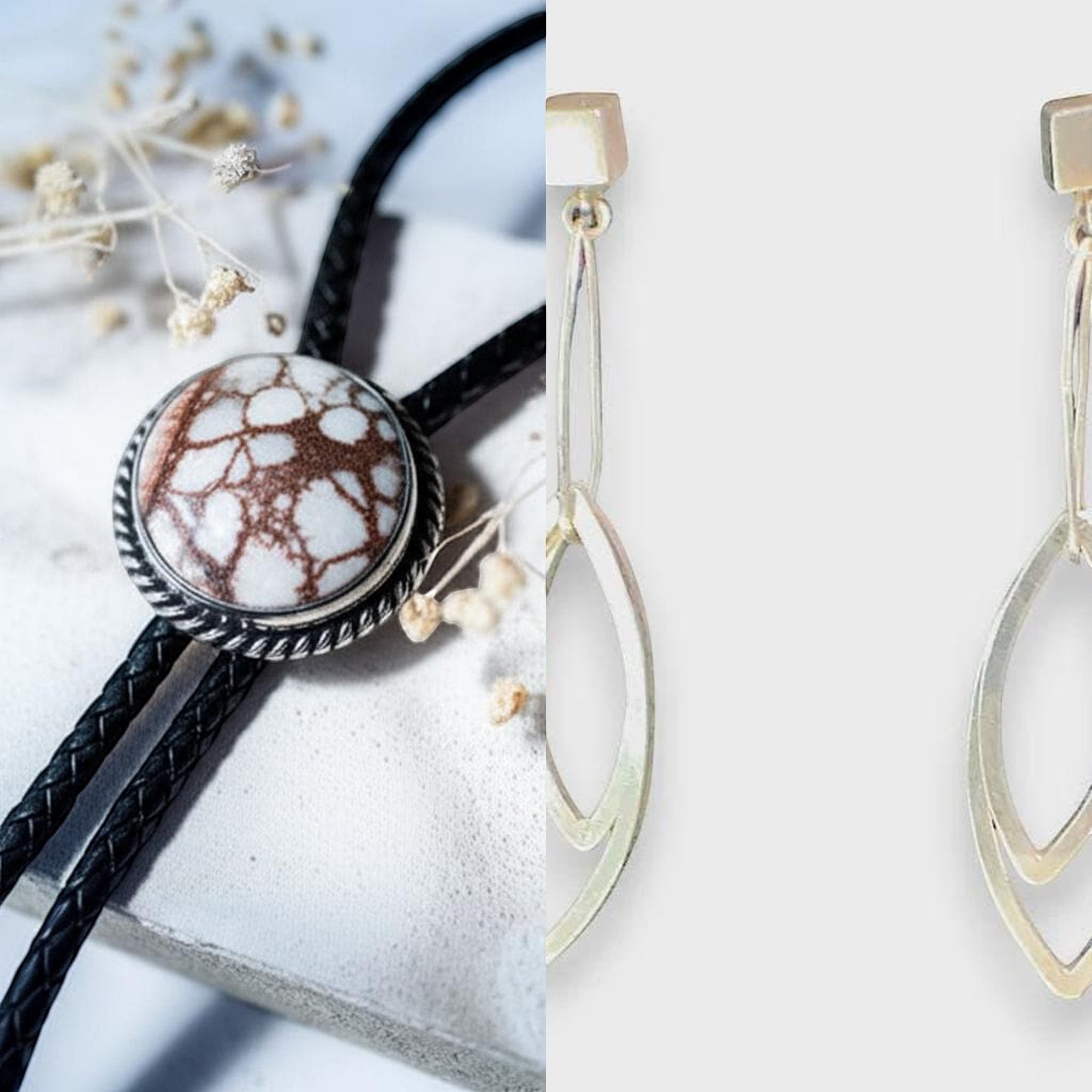 Wildflower Artisans Santa Fe jewelry set featuring a Wild Horse stone bolo tie and sterling silver leaf dangle earrings