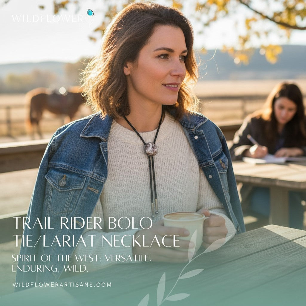 Woman wearing a Wildflower Artisans Wild Horse bolo tie and silver leaf earrings with a denim jacket and sweater.