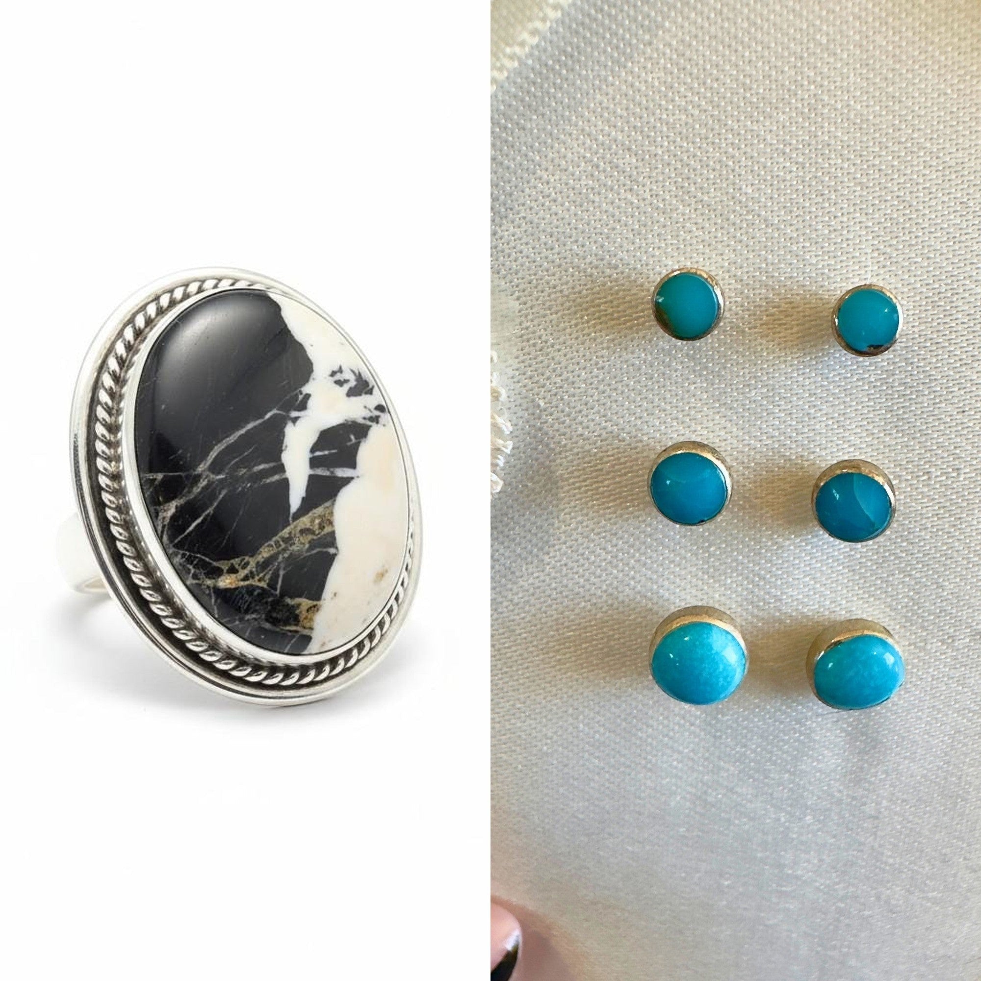 Wildflower Artisans Santa Fe jewelry set featuring a sterling silver White Buffalo ring and turquoise stud earrings.