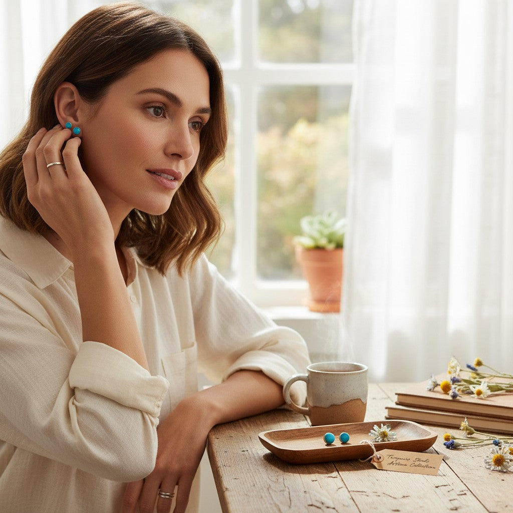 Woman wearing Wildflower Artisans turquoise stud earrings and sterling silver ring in a bright, cozy home setting.
