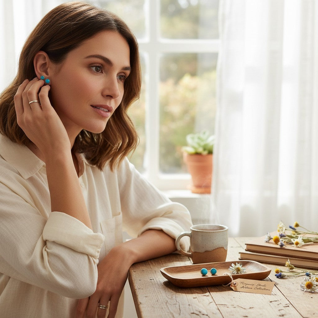Woman wearing Wildflower Artisans turquoise stud earrings and sterling silver ring in a bright, cozy home setting.