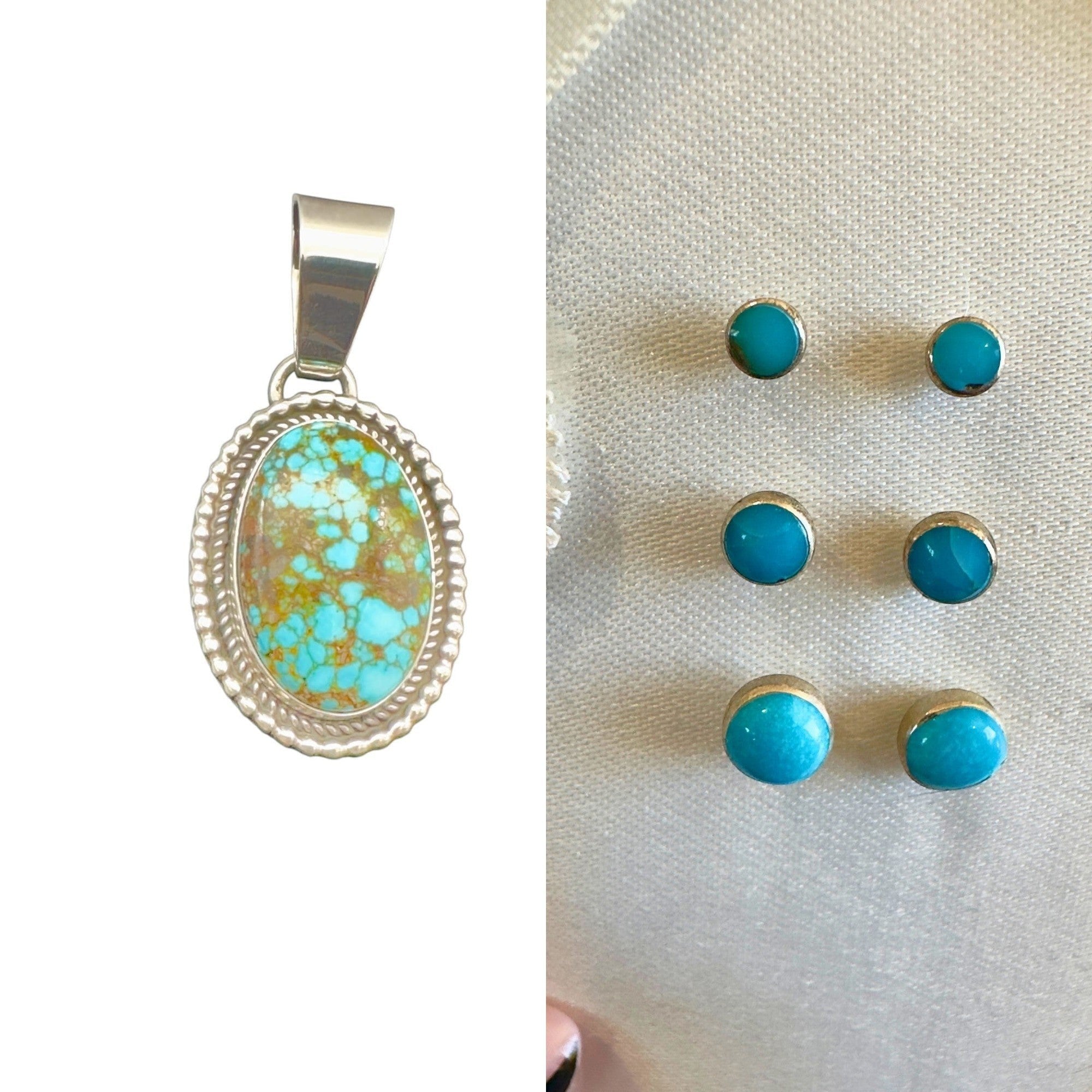 Wildflower Artisans Santa Fe jewelry set featuring a Kingman Red Web turquoise pendant and turquoise stud earrings.