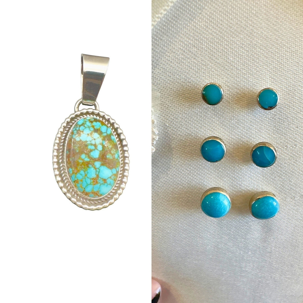 Wildflower Artisans Santa Fe jewelry set featuring a Kingman Red Web turquoise pendant and turquoise stud earrings.
