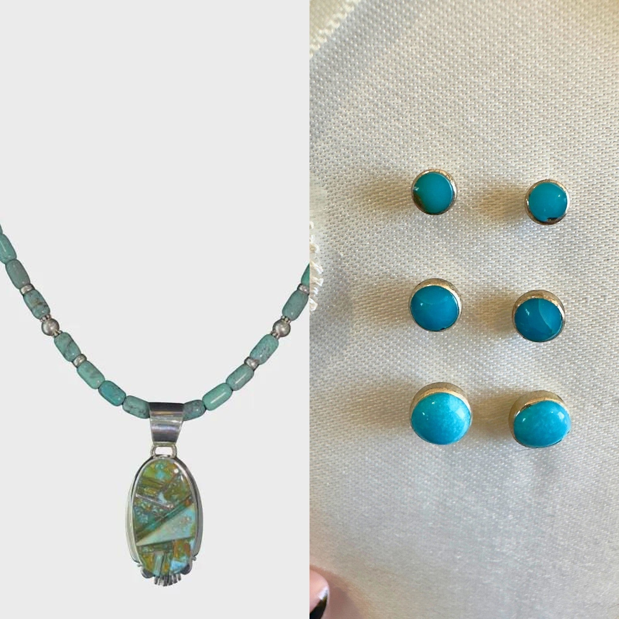 Wildflower Artisans Santa Fe set featuring a green turquoise inlay pendant and three sizes of turquoise stud earrings.