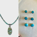 Wildflower Artisans Santa Fe set featuring a green turquoise inlay pendant and three sizes of turquoise stud earrings.