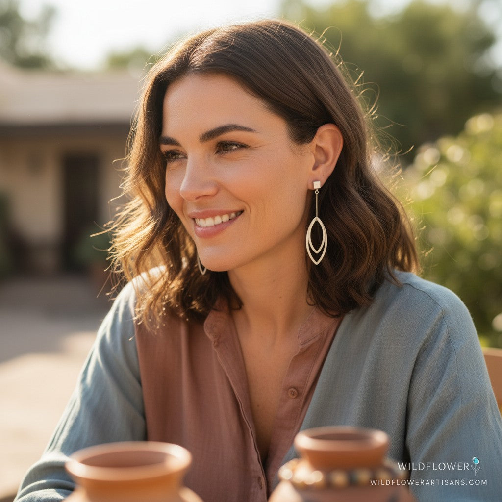 Woman wearing Wildflower Artisans sterling silver leaf dangle earrings in a Southwest-inspired outdoor setting.