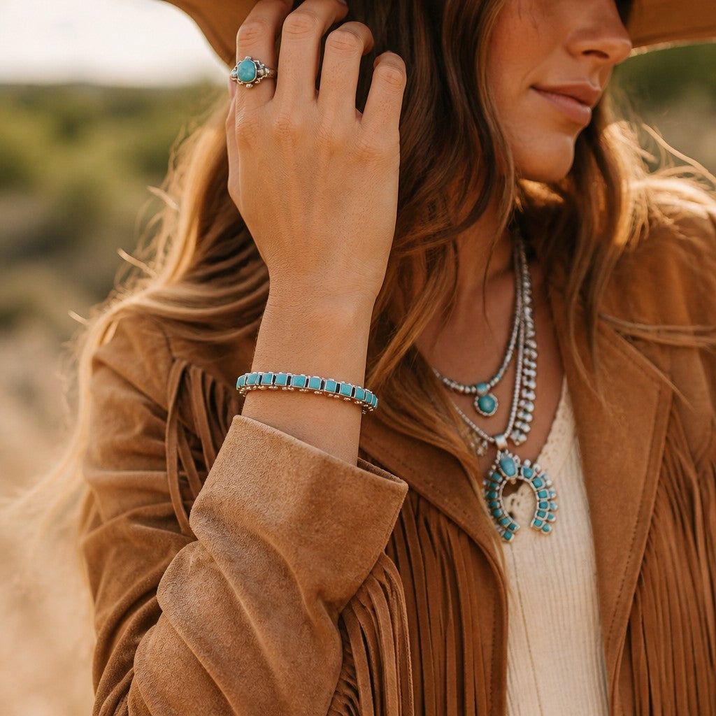 Wildflower Artisans sterling silver cuff with square Sleeping Beauty turquoise stones worn by a woman in a suede jacket