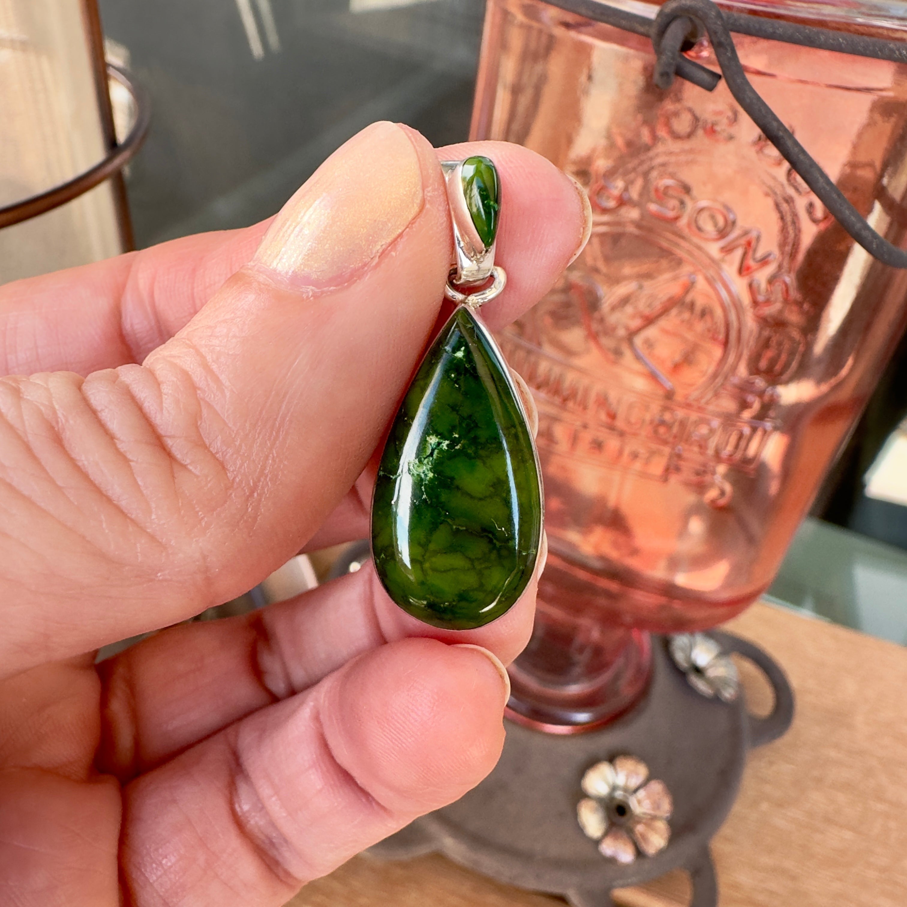 Wildflower Artisans Martinez Sonoran Mountain turquoise teardrop pendant in sterling silver with deep green webbing