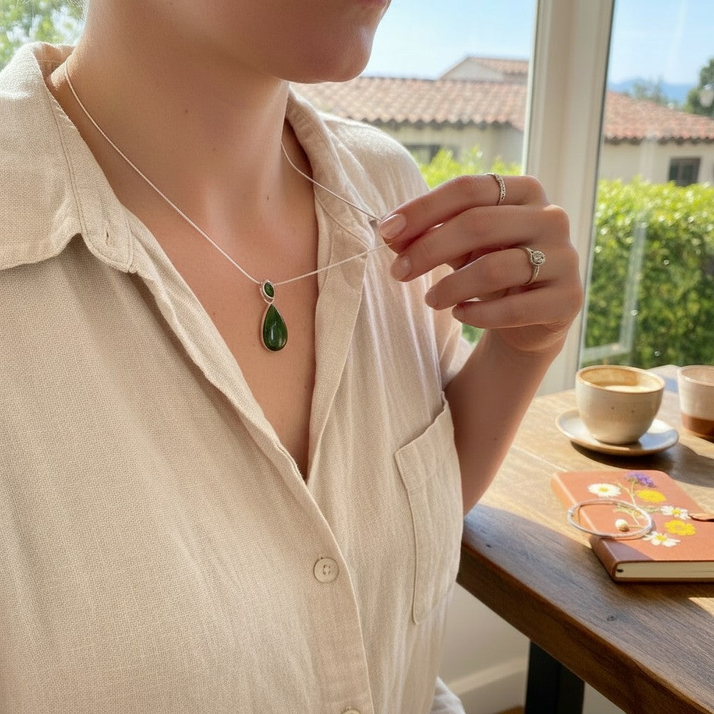 Wildflower Artisans Martinez Sonoran Mountain green turquoise teardrop pendant in sterling silver worn on a necklace