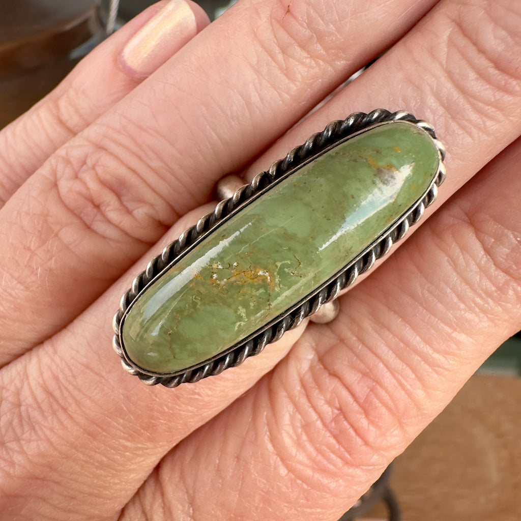Wildflower Artisans long oval Sonoran Mountain turquoise ring in sterling silver with twisted rope bezel detail
