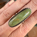 Wildflower Artisans long oval Sonoran Mountain turquoise ring in sterling silver with twisted rope bezel detail