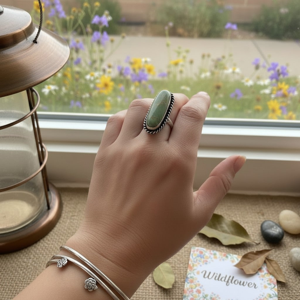 Wildflower Artisans sterling silver ring with a long oval sage green Sonoran Mountain turquoise stone on a hand