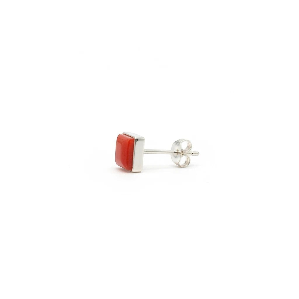 Wildflower Artisans square stud earrings featuring a red-orange spiny oyster cabochon in a sterling silver bezel.