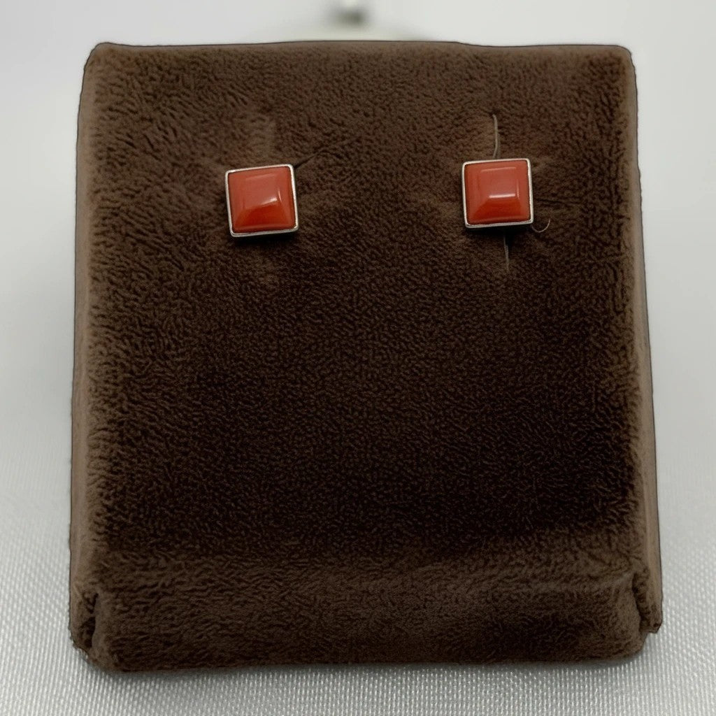 Wildflower Artisans square spiny oyster stud earrings with a domed red-orange cabochon set in polished sterling silver.
