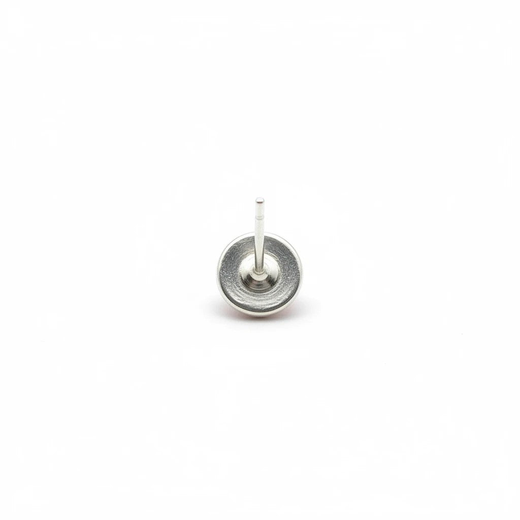 Wildflower Artisans round spiny oyster stud earring in a sterling silver bezel, back view showing the post.