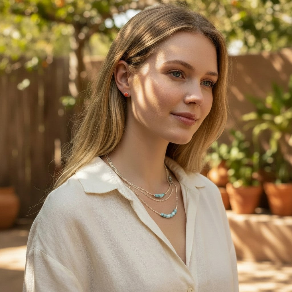 Wildflower Artisans round spiny oyster stud earrings in sterling silver worn by a woman in a sunny outdoor setting.