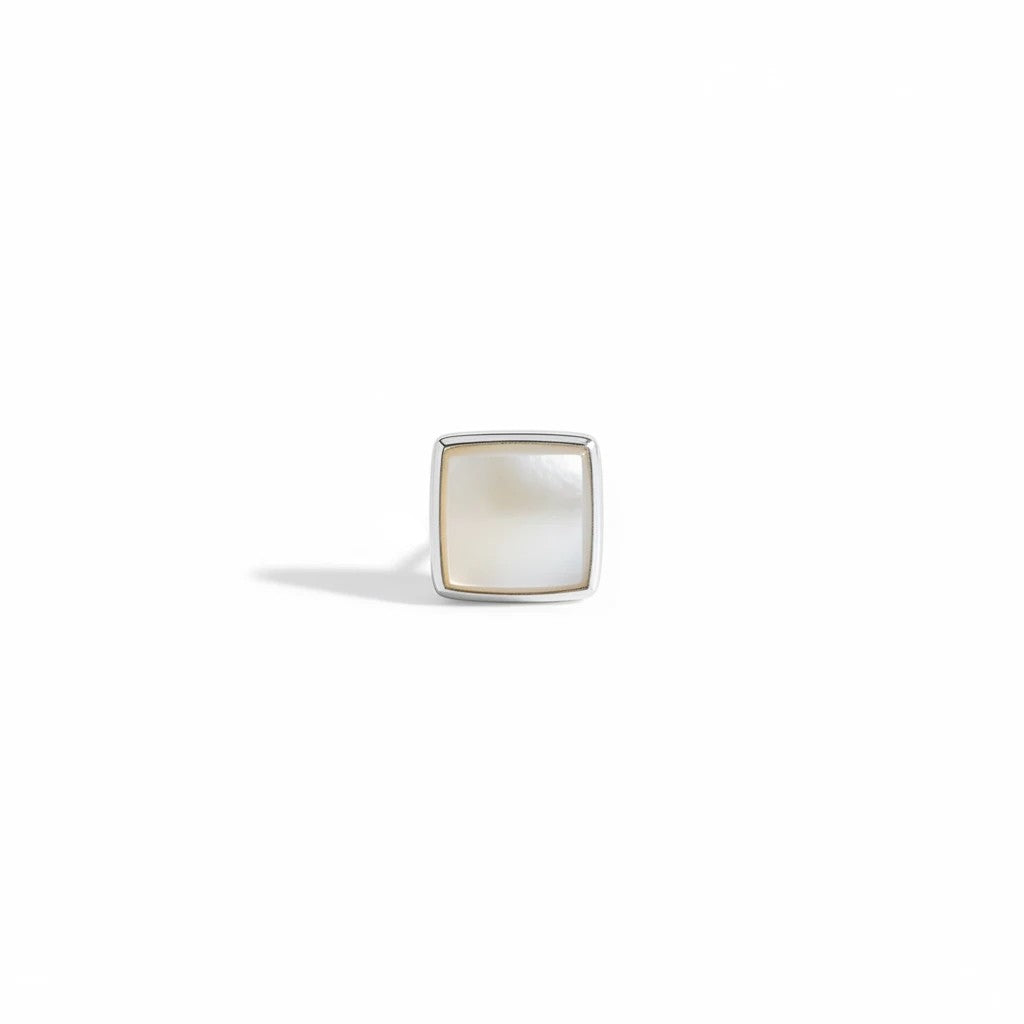 Wildflower Artisans square mother of pearl stud earring in a polished sterling silver bezel setting