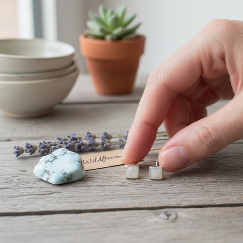 Wildflower Artisans square mother of pearl stud earrings in sterling silver settings held by hand on a wooden table.