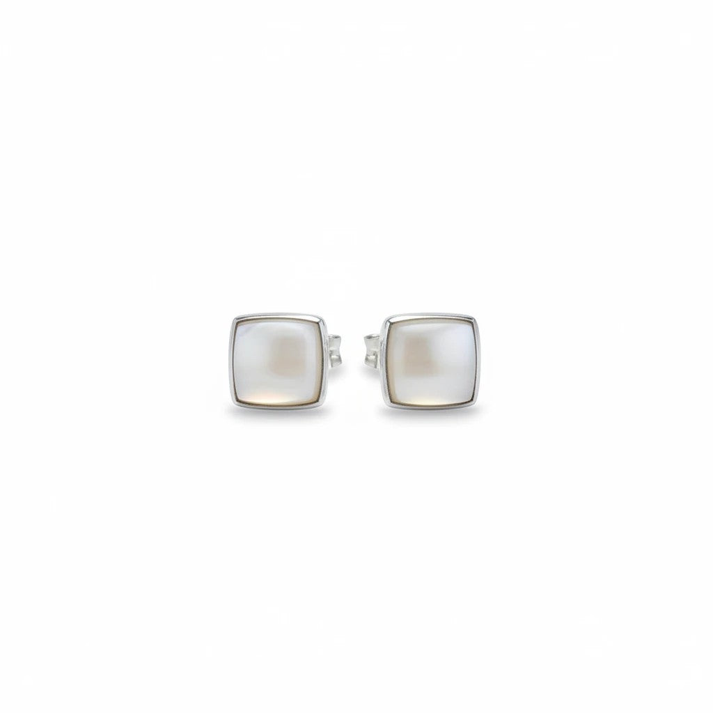 Wildflower Artisans square mother of pearl stud earrings hand-set in polished .925 sterling silver bezels.