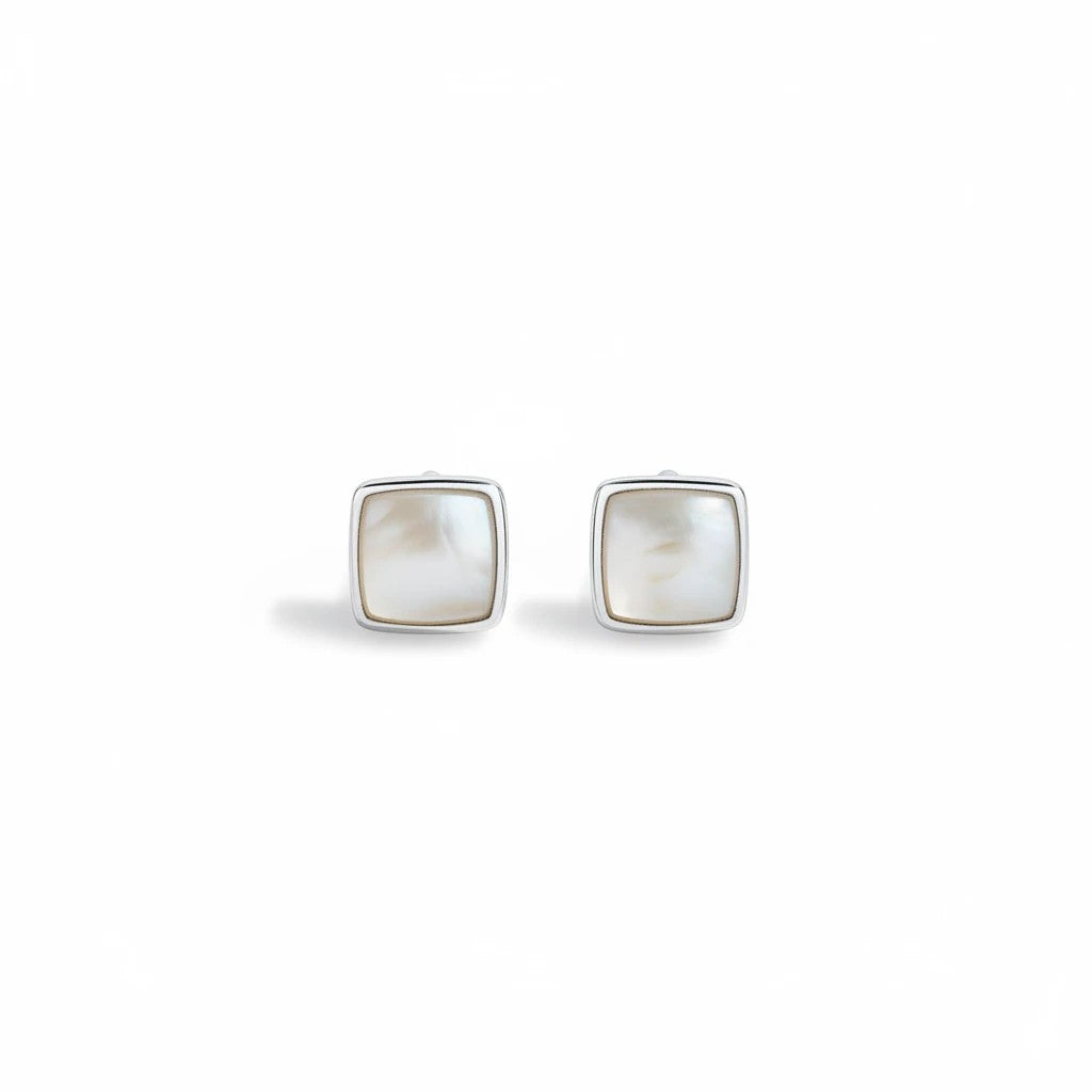 Wildflower Artisans square mother of pearl stud earrings set in polished 925 sterling silver bezels.