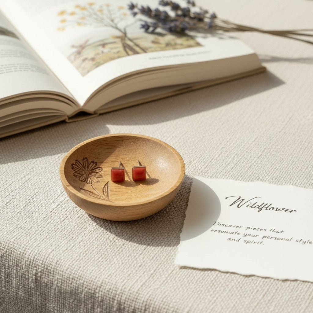 Wildflower Artisans square spiny oyster stud earrings with red-orange cabochons in a small wooden dish on linen.