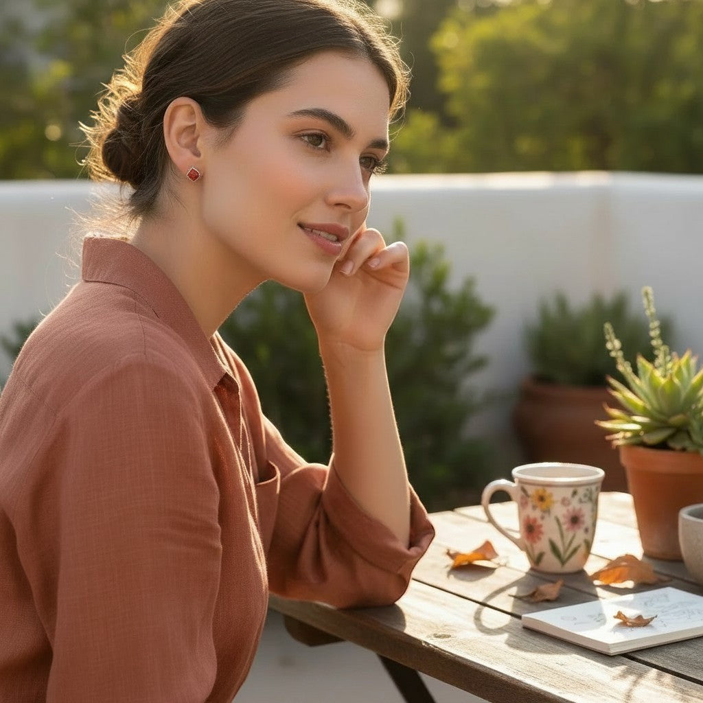 Wildflower Artisans square spiny oyster stud earrings in a bezel setting worn by a woman at an outdoor table