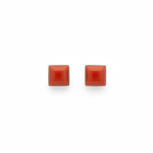 Wildflower Artisans square stud earrings featuring red-orange spiny oyster cabochons set in polished sterling silver.