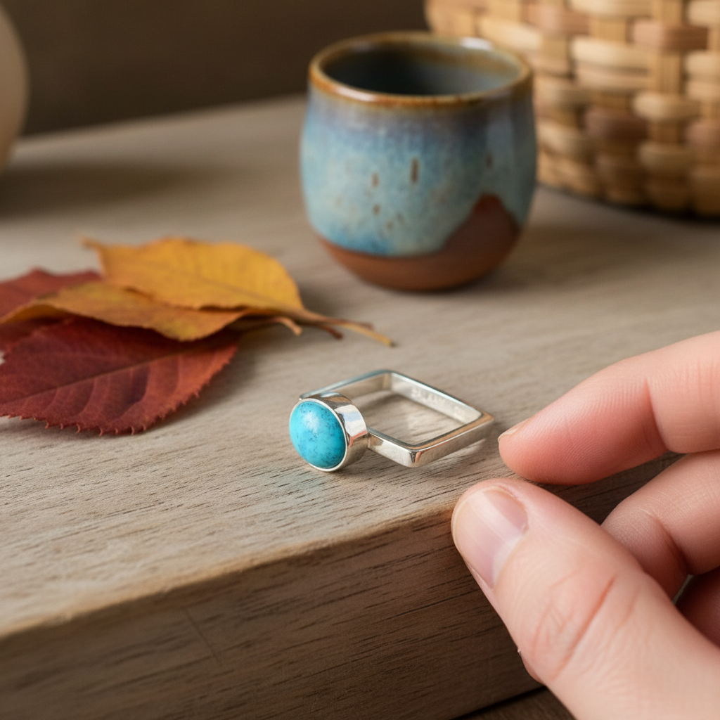 Wildflower Artisans BALAAM square sterling silver ring featuring an oval sky blue turquoise cabochon on a wooden surface