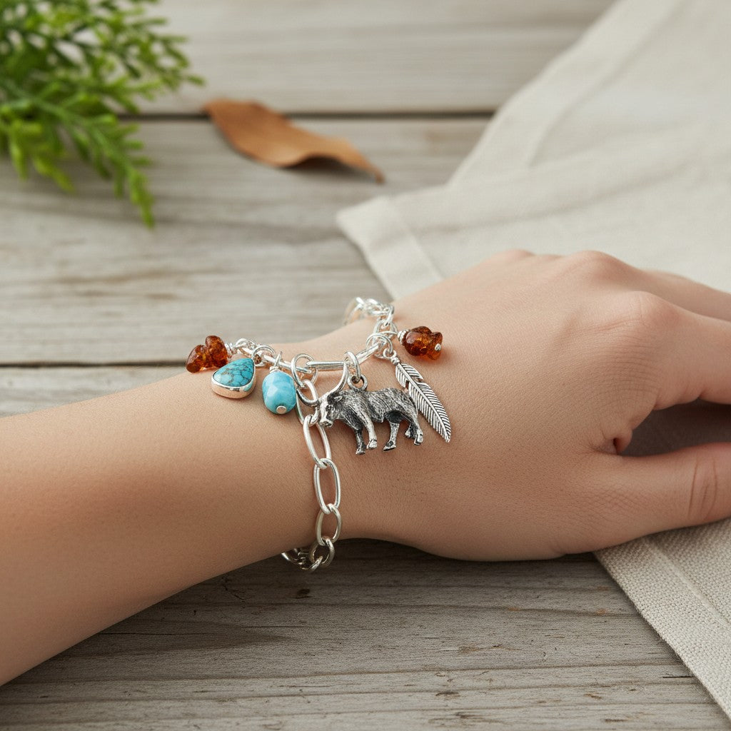 Wildflower Artisans sterling silver longhorn charm bracelet with turquoise and amber stones on a woman's wrist.