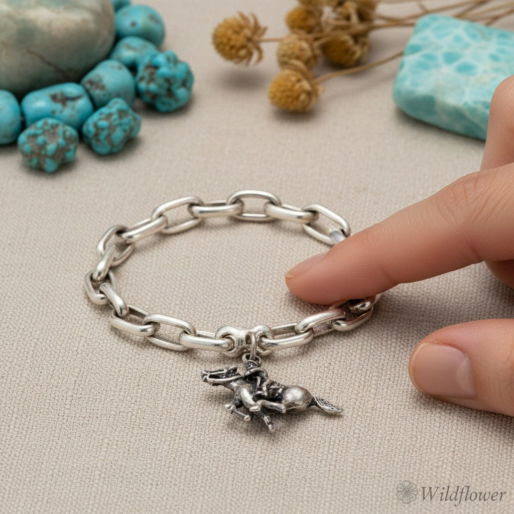 Wildflower Artisans sterling silver bucking bronco charm on a chain bracelet, featuring a rodeo horse and rider.