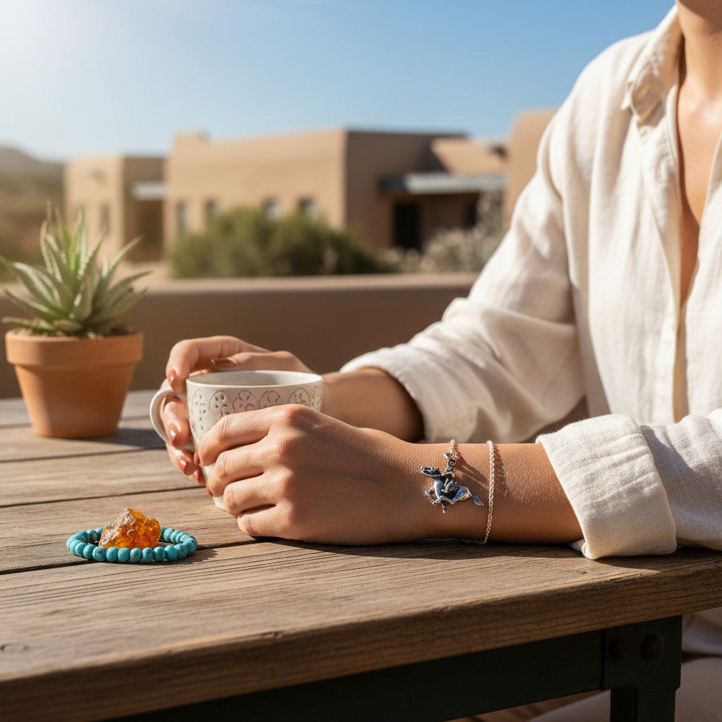 Wildflower Artisans sterling silver bucking bronco charm bracelet worn on a woman's wrist at an outdoor table.