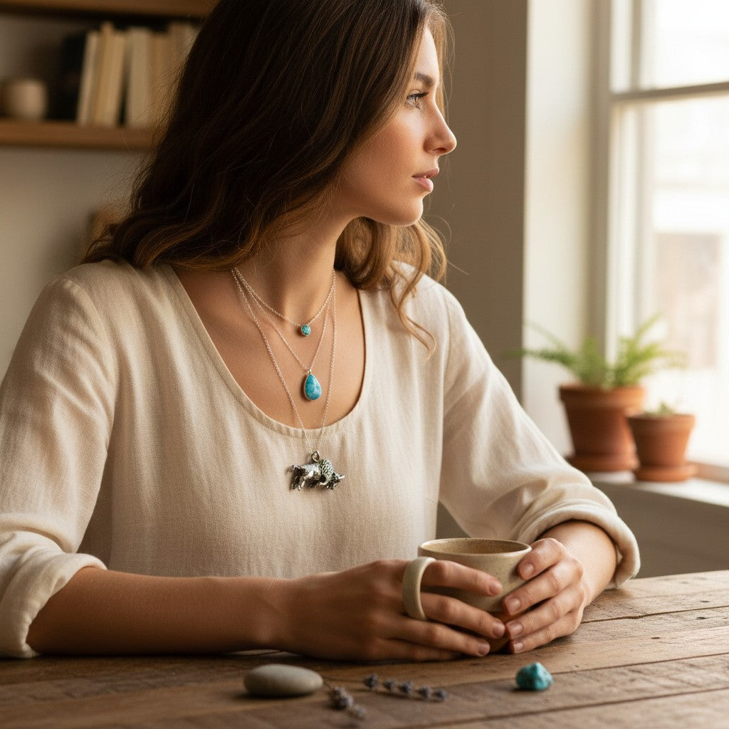 Wildflower Artisans sterling silver buffalo charm necklace worn by a woman in a cream linen top by a window.