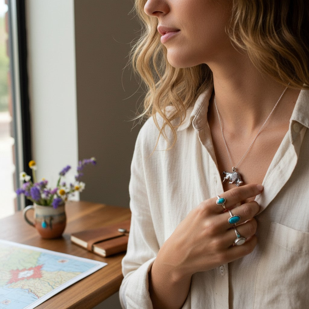 Wildflower Artisans vintage sterling silver buffalo charm necklace worn by a woman in a neutral linen shirt