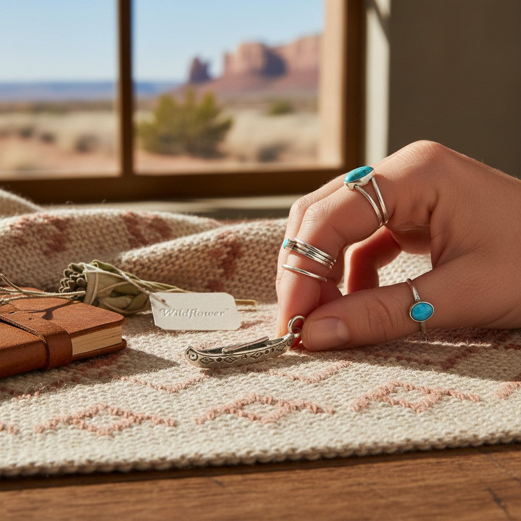 Wildflower Artisans vintage sterling silver canoe charm on original Maisel's card held by a hand with turquoise rings.