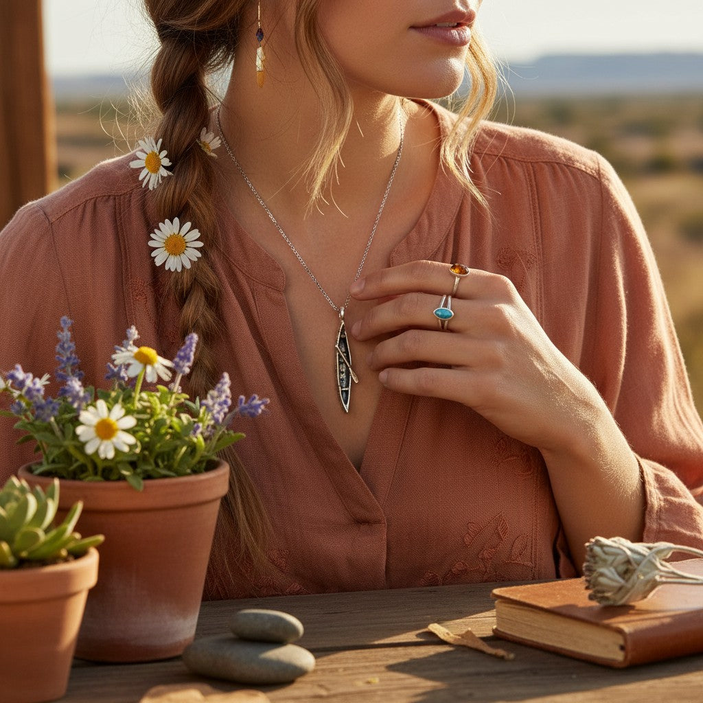 Wildflower Artisans vintage sterling silver canoe charm necklace worn by a woman in a rustic outdoor setting.