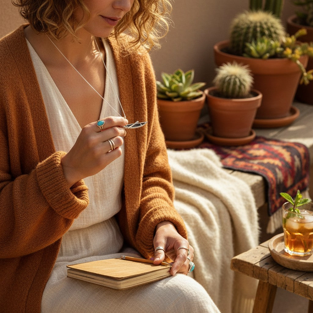Wildflower Artisans vintage sterling silver canoe charm on a necklace, worn by a woman in a cozy rust cardigan.