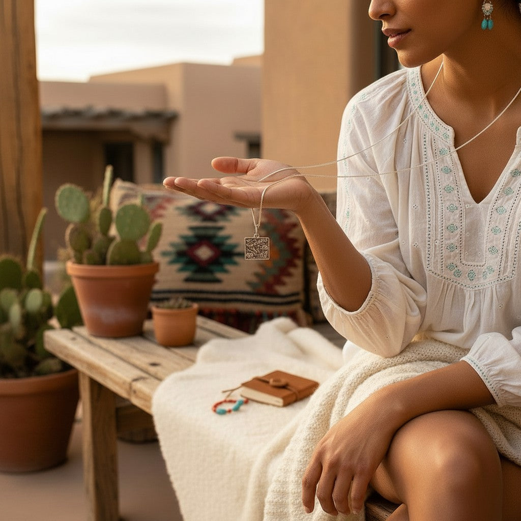 Wildflower Artisans vintage sterling silver Colorado state map charm necklace worn by a woman on a desert patio