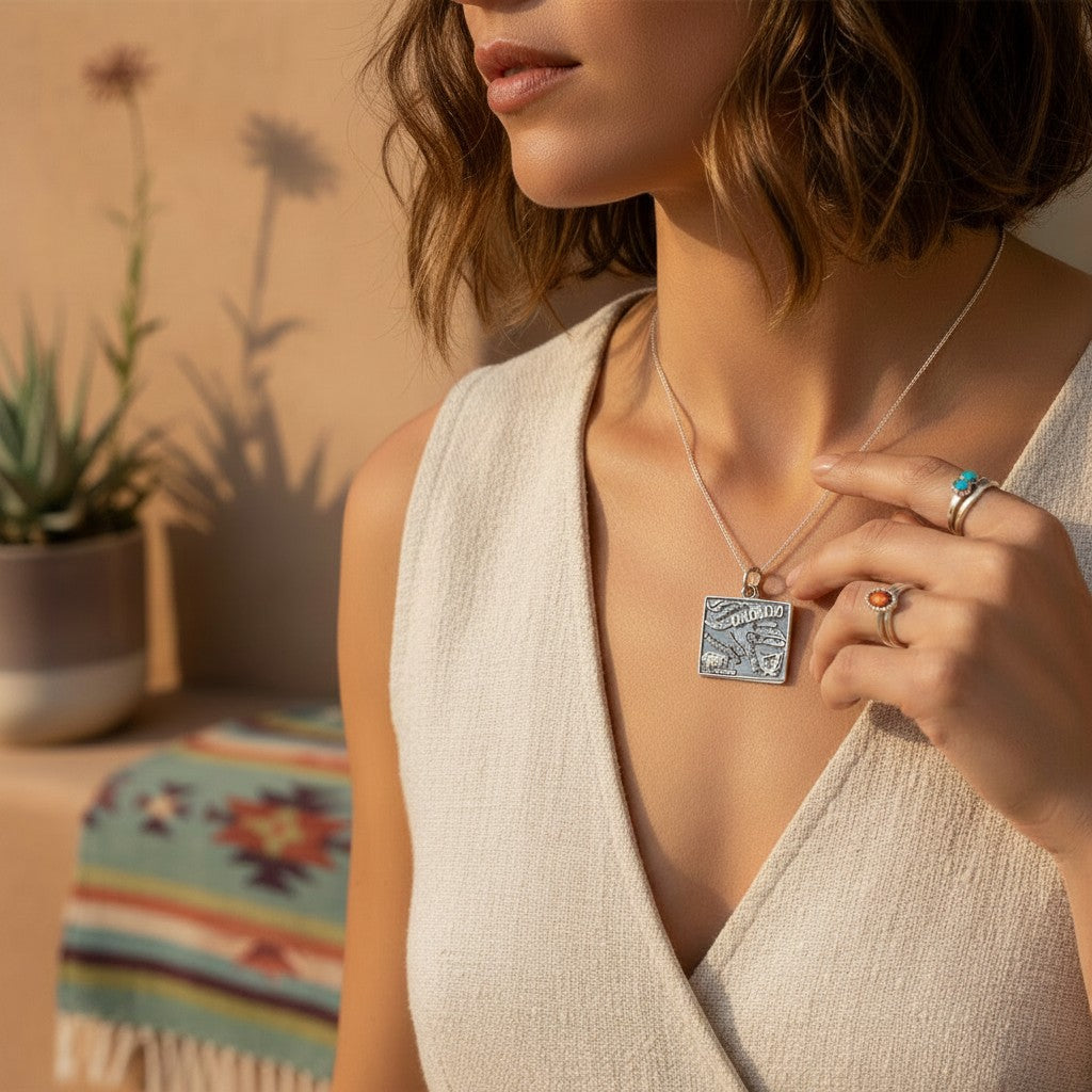 Wildflower Artisans vintage sterling silver Colorado state map charm necklace worn by a woman in a beige dress.