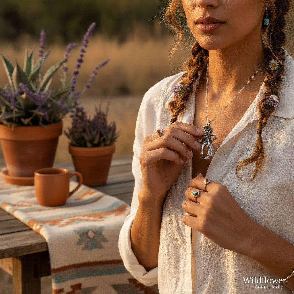 Wildflower Artisans sterling silver cowboy charm with woolly chaps worn as a necklace by a woman in a white shirt