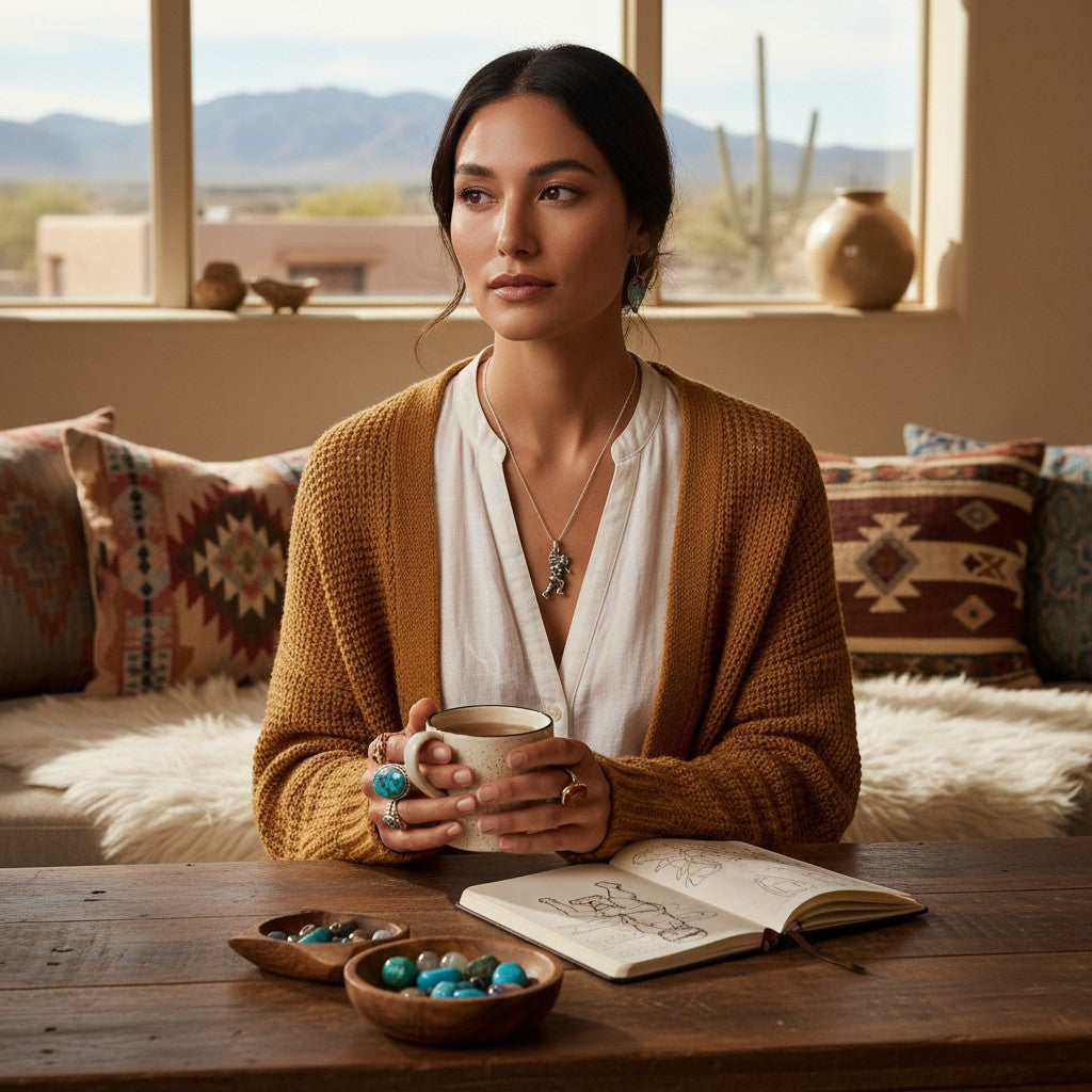 Wildflower Artisans sterling silver dancer charm necklace worn by a woman in a mustard cardigan in a desert setting.