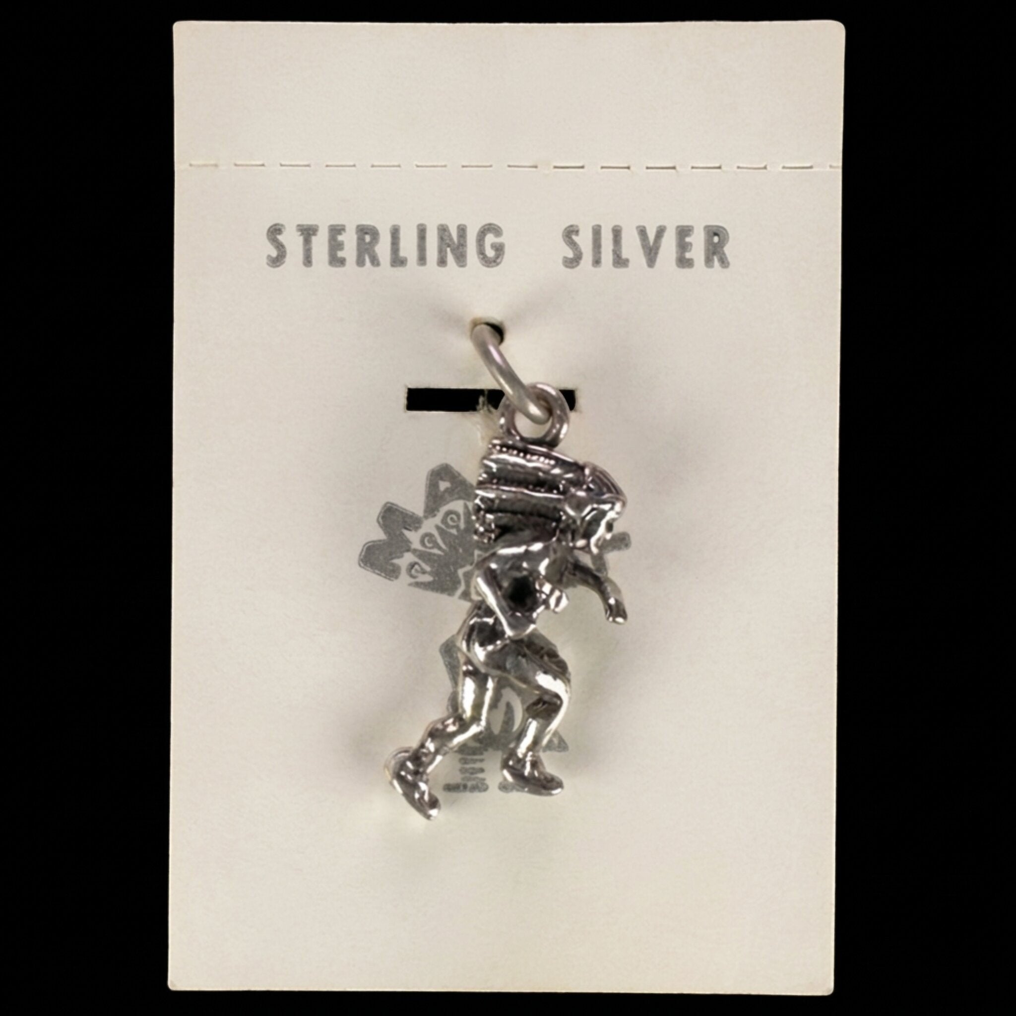 Wildflower Artisans vintage sterling silver dancer charm with headdress on original Maisel's trading post display card.
