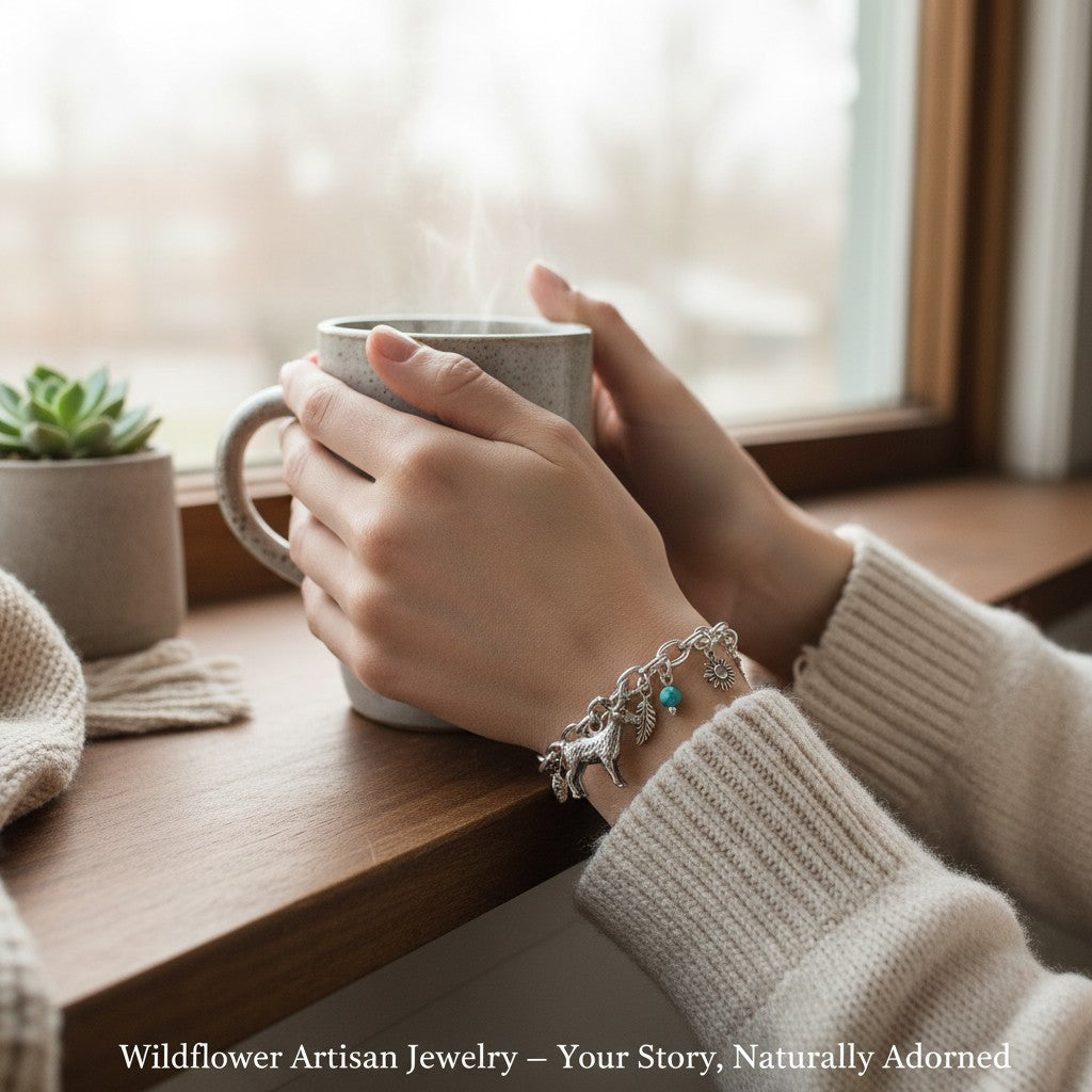 Wildflower Artisans sterling silver elk charm bracelet worn by a person holding a steaming mug by a window.