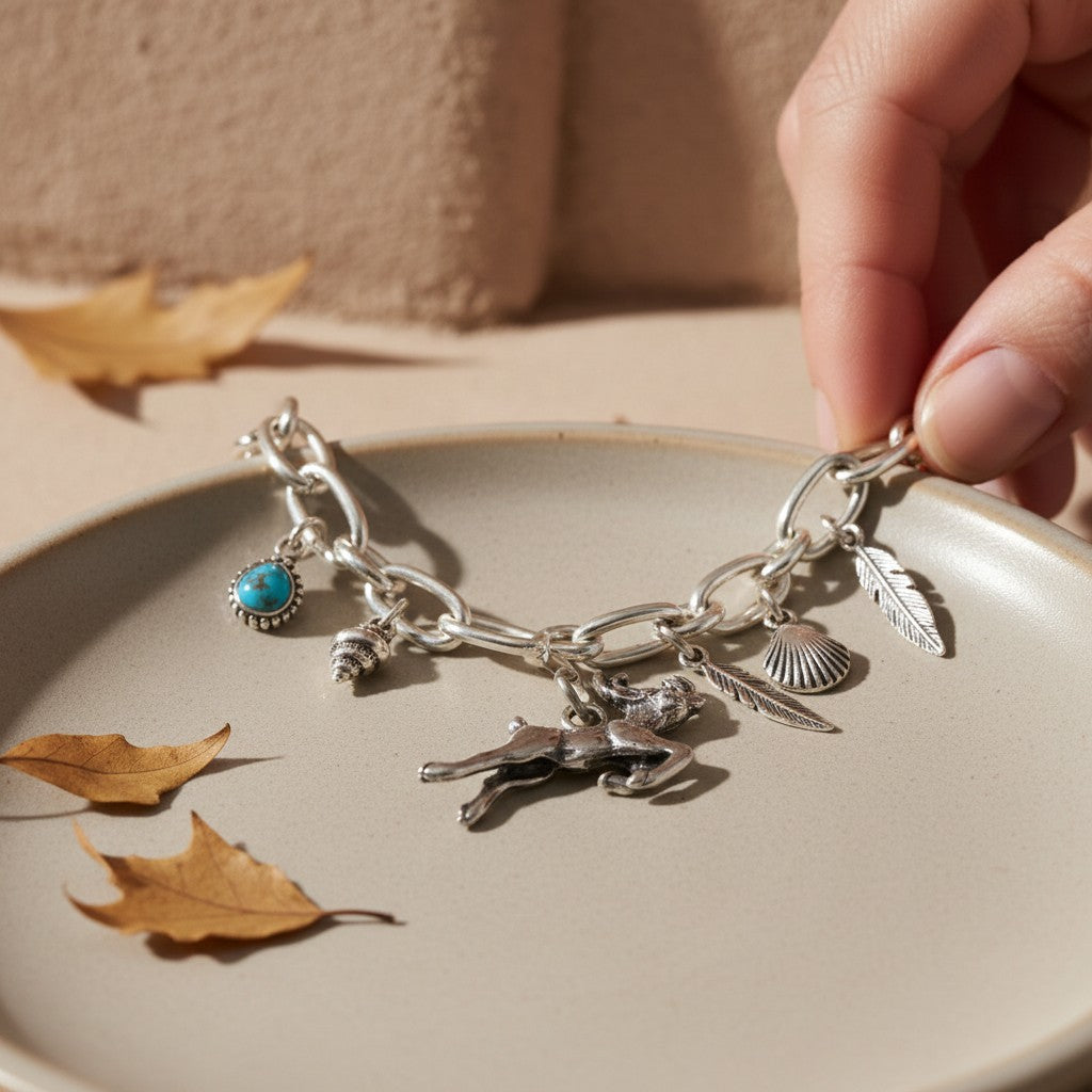 Wildflower Artisans sterling silver leaping elk charm bracelet with turquoise and nature-inspired charms on a plate